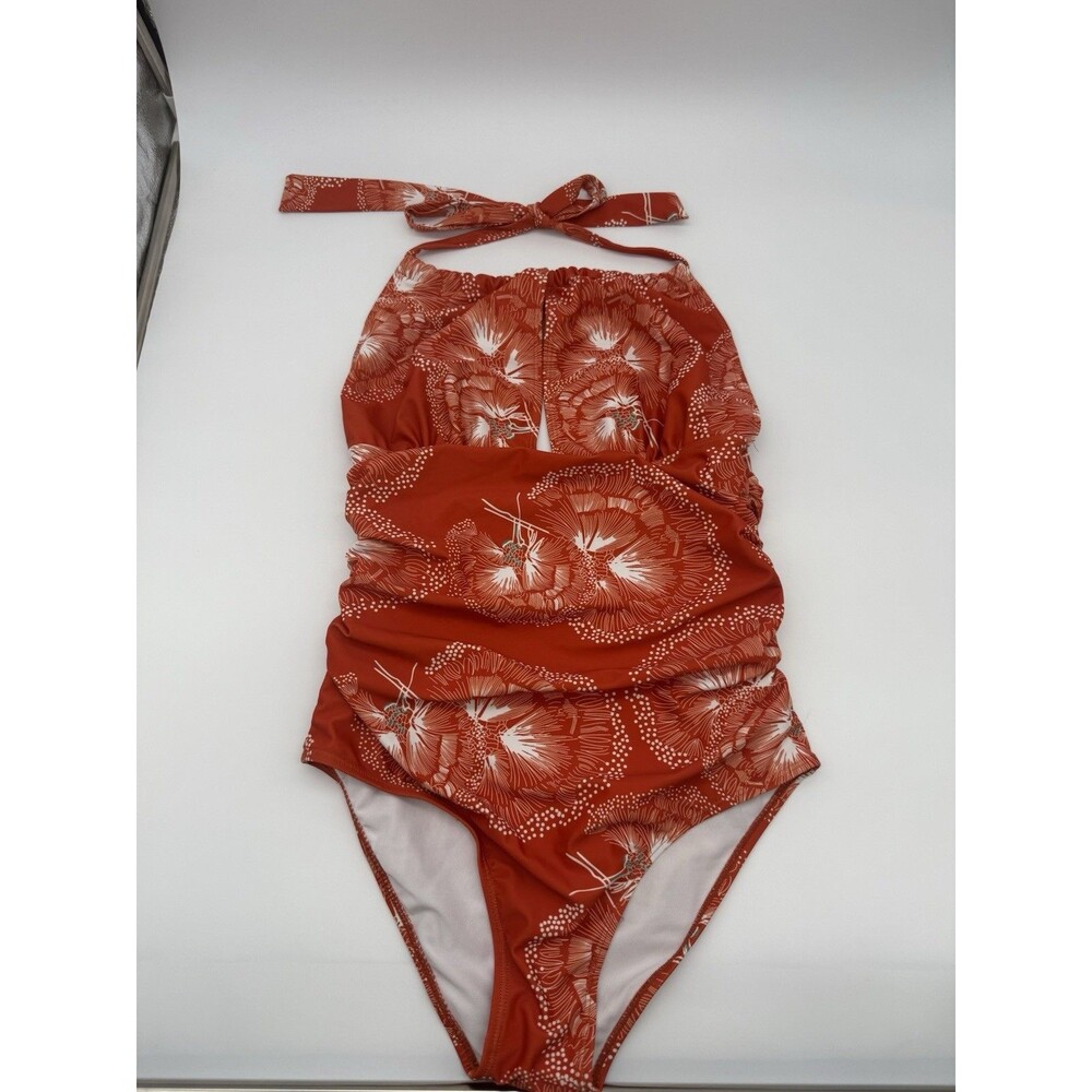 Women's Swimsuit One-Piece Cutout Orange White Sunburst Floral L Eomenie